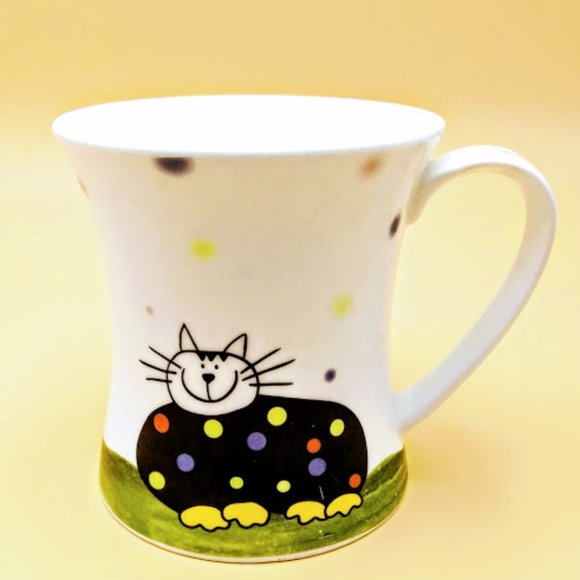 SMILING CAT MUG W/MULTI COLORED DOTS*FINE BONE CHINA MUG - Picture 2 of 5